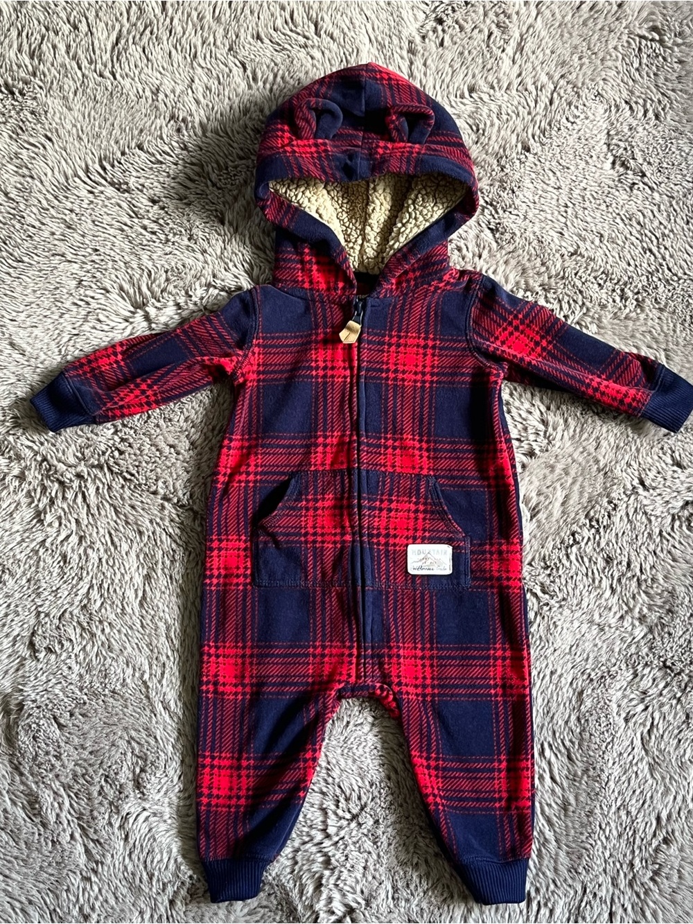 Baby Carter’s Fleece 6 M Footless Plaids Bodysuit 🐻Ears Red Blue Long Sleeves